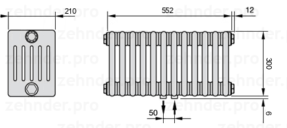 Схема (чертеж) Радиатор Zehnder Charleston 6030/12 №5410 Белый глянцевый RAL 9016